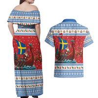 Sweden Viking Santa Christmas Couples Matching Off Shoulder Maxi Dress and Hawaiian Shirt Funny Reindeer Norse Xmas - Wonder Print Shop