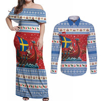 Sweden Viking Santa Christmas Couples Matching Off Shoulder Maxi Dress and Long Sleeve Button Shirt Funny Reindeer Norse Xmas - Wonder Print Shop