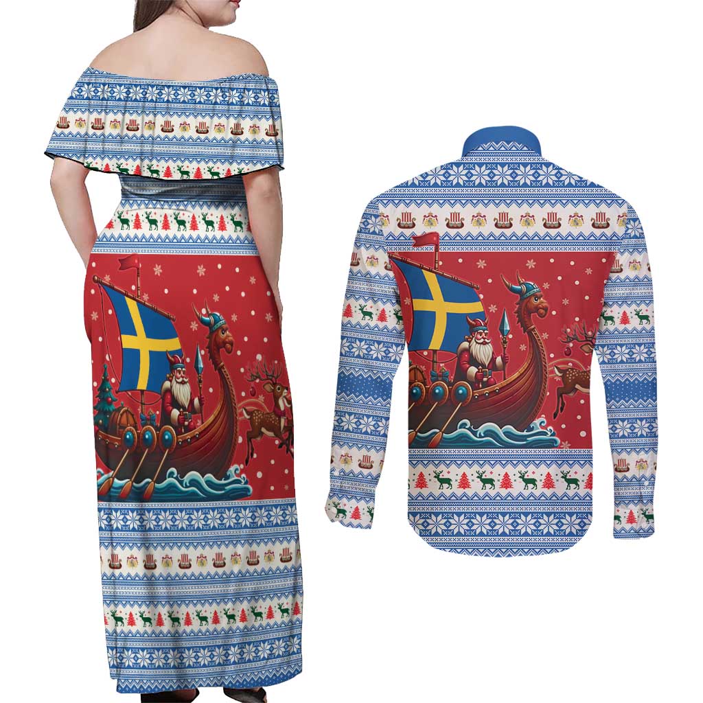 Sweden Viking Santa Christmas Couples Matching Off Shoulder Maxi Dress and Long Sleeve Button Shirt Funny Reindeer Norse Xmas - Wonder Print Shop
