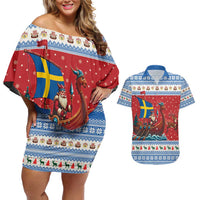 Sweden Viking Santa Christmas Couples Matching Off Shoulder Short Dress and Hawaiian Shirt Funny Reindeer Norse Xmas - Wonder Print Shop