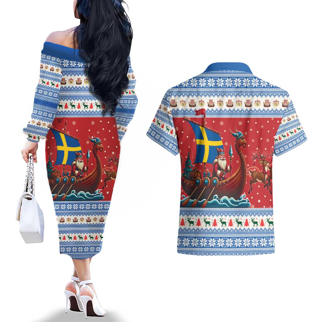 Sweden Viking Santa Christmas Couples Matching Off The Shoulder Long Sleeve Dress and Hawaiian Shirt Funny Reindeer Norse Xmas - Wonder Print Shop