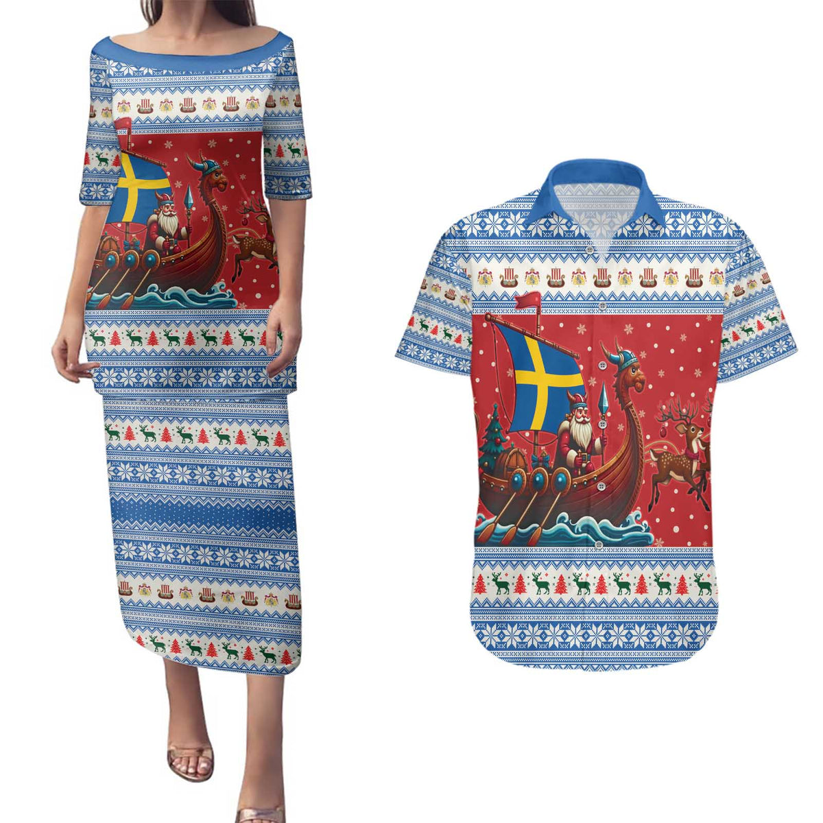 Sweden Viking Santa Christmas Couples Matching Puletasi and Hawaiian Shirt Funny Reindeer Norse Xmas - Wonder Print Shop