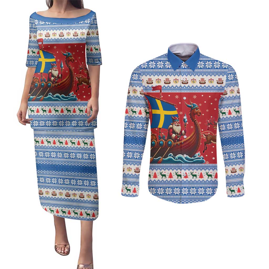 Sweden Viking Santa Christmas Couples Matching Puletasi and Long Sleeve Button Shirt Funny Reindeer Norse Xmas - Wonder Print Shop
