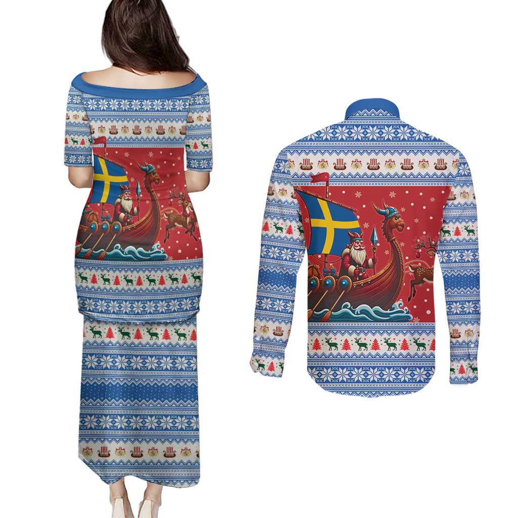 Sweden Viking Santa Christmas Couples Matching Puletasi and Long Sleeve Button Shirt Funny Reindeer Norse Xmas - Wonder Print Shop