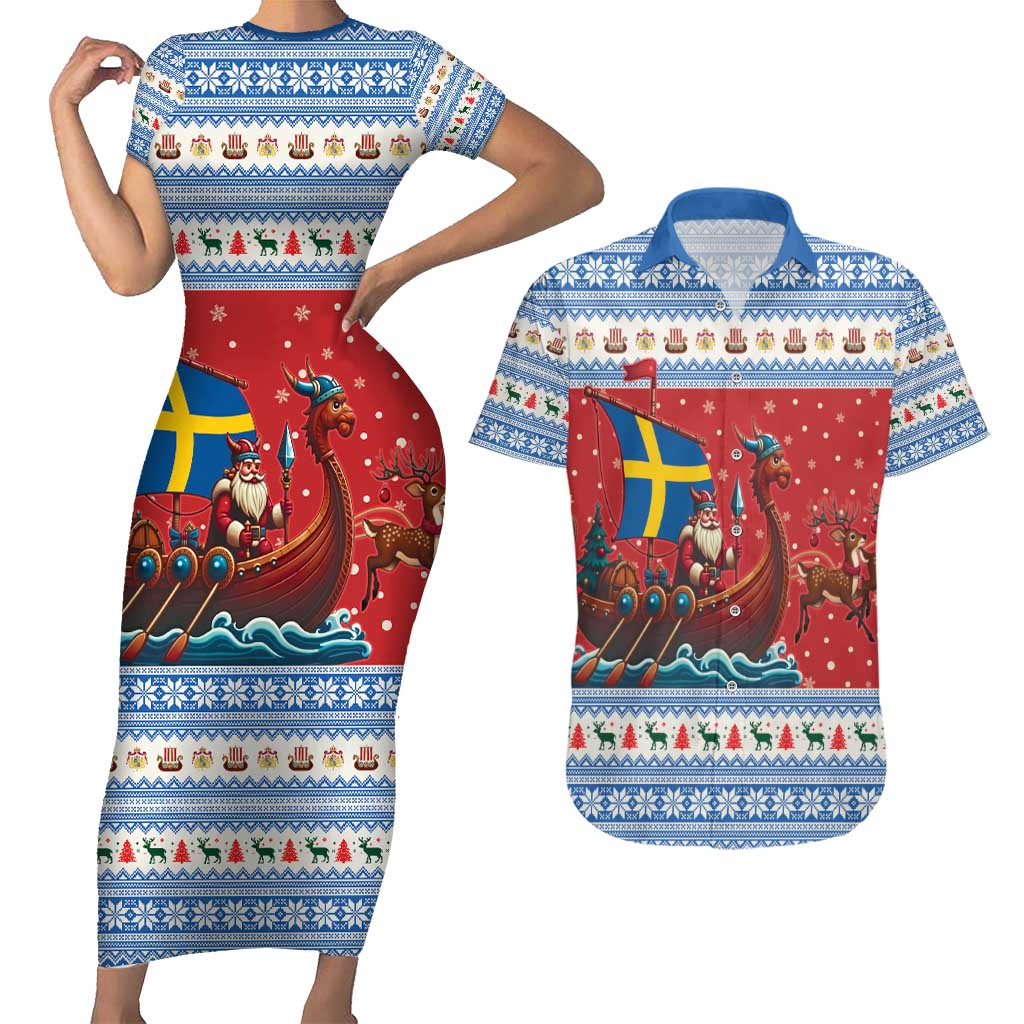Sweden Viking Santa Christmas Couples Matching Short Sleeve Bodycon Dress and Hawaiian Shirt Funny Reindeer Norse Xmas - Wonder Print Shop