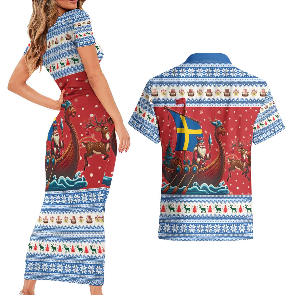 Sweden Viking Santa Christmas Couples Matching Short Sleeve Bodycon Dress and Hawaiian Shirt Funny Reindeer Norse Xmas - Wonder Print Shop