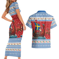 Sweden Viking Santa Christmas Couples Matching Short Sleeve Bodycon Dress and Hawaiian Shirt Funny Reindeer Norse Xmas - Wonder Print Shop