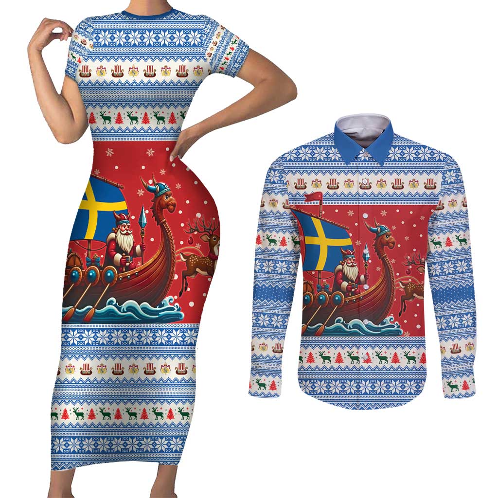 Sweden Viking Santa Christmas Couples Matching Short Sleeve Bodycon Dress and Long Sleeve Button Shirt Funny Reindeer Norse Xmas - Wonder Print Shop