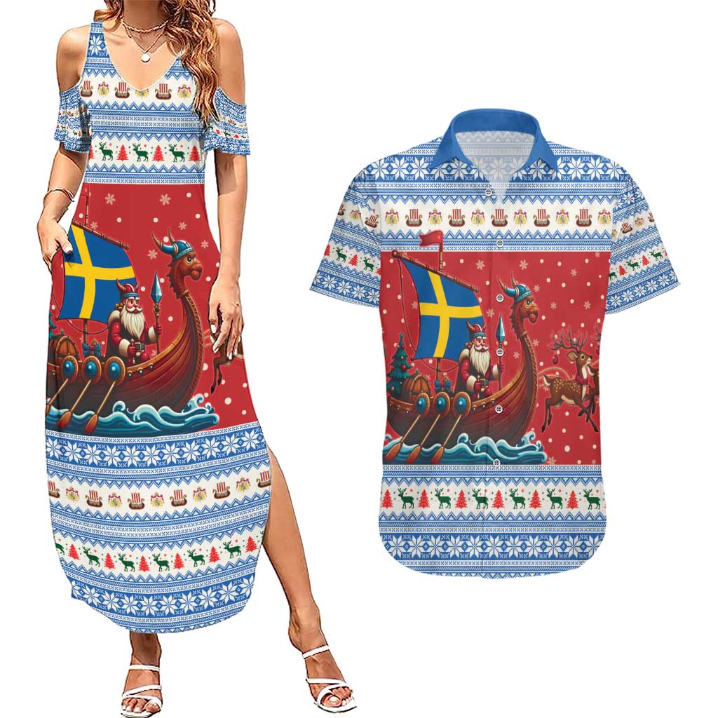 Sweden Viking Santa Christmas Couples Matching Summer Maxi Dress and Hawaiian Shirt Funny Reindeer Norse Xmas - Wonder Print Shop