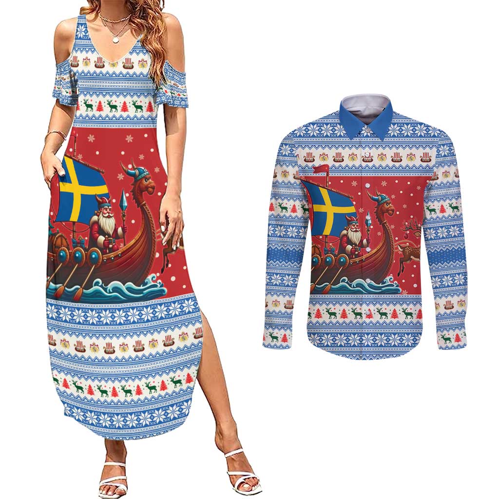 Sweden Viking Santa Christmas Couples Matching Summer Maxi Dress and Long Sleeve Button Shirt Funny Reindeer Norse Xmas - Wonder Print Shop