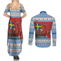 Sweden Viking Santa Christmas Couples Matching Summer Maxi Dress and Long Sleeve Button Shirt Funny Reindeer Norse Xmas - Wonder Print Shop