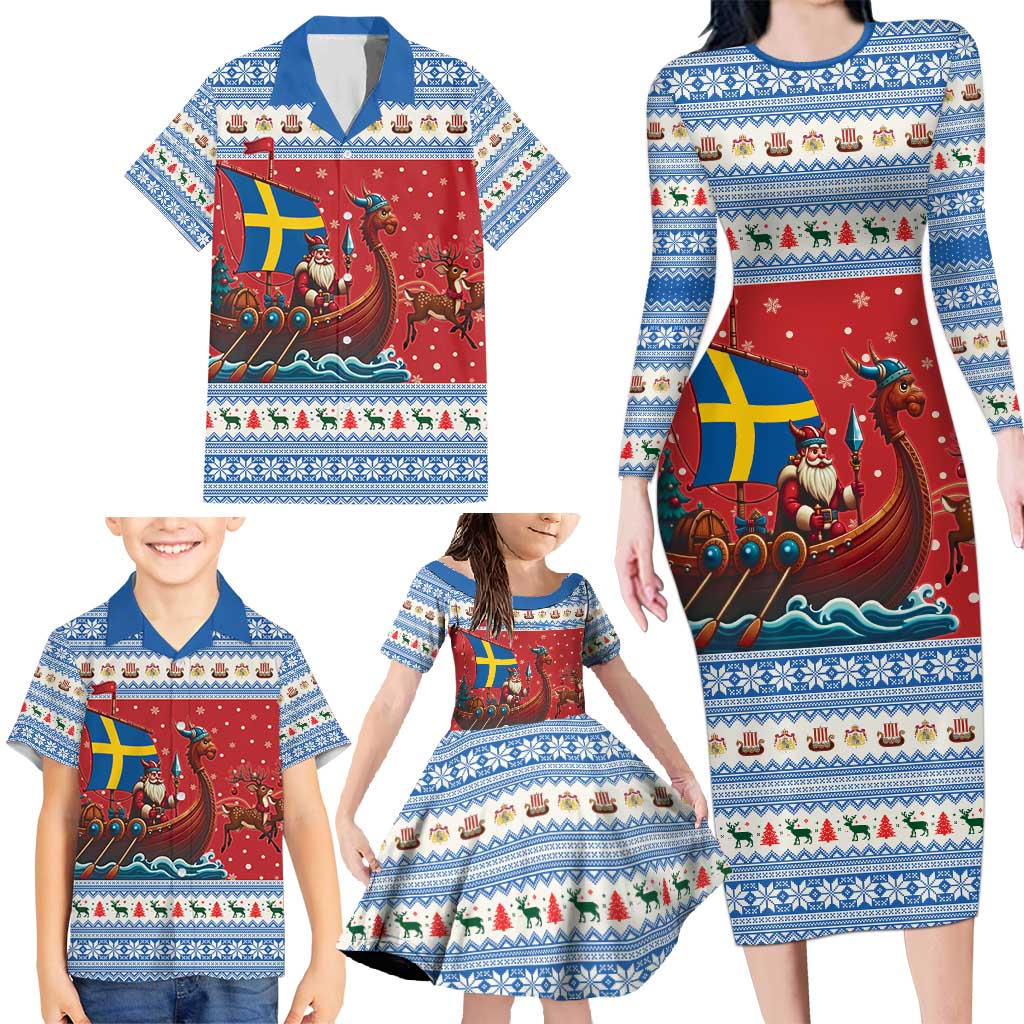 Sweden Viking Santa Christmas Family Matching Long Sleeve Bodycon Dress and Hawaiian Shirt Funny Reindeer Norse Xmas - Wonder Print Shop