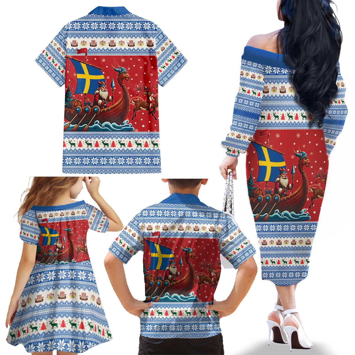 Sweden Viking Santa Christmas Family Matching Off The Shoulder Long Sleeve Dress and Hawaiian Shirt Funny Reindeer Norse Xmas - Wonder Print Shop