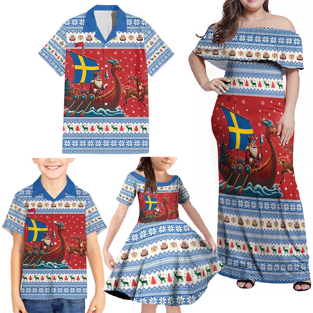 Sweden Viking Santa Christmas Family Matching Off Shoulder Maxi Dress and Hawaiian Shirt Funny Reindeer Norse Xmas - Wonder Print Shop