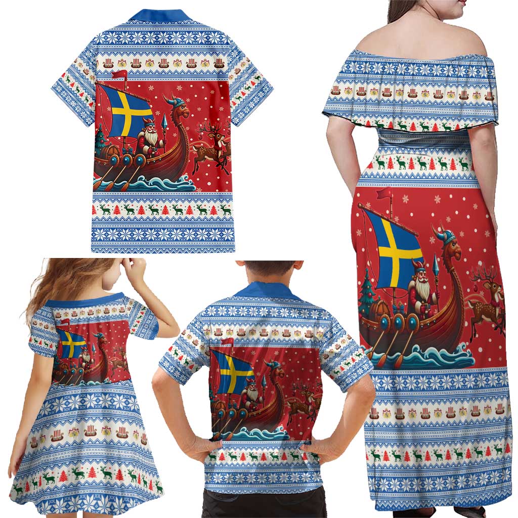 Sweden Viking Santa Christmas Family Matching Off Shoulder Maxi Dress and Hawaiian Shirt Funny Reindeer Norse Xmas - Wonder Print Shop
