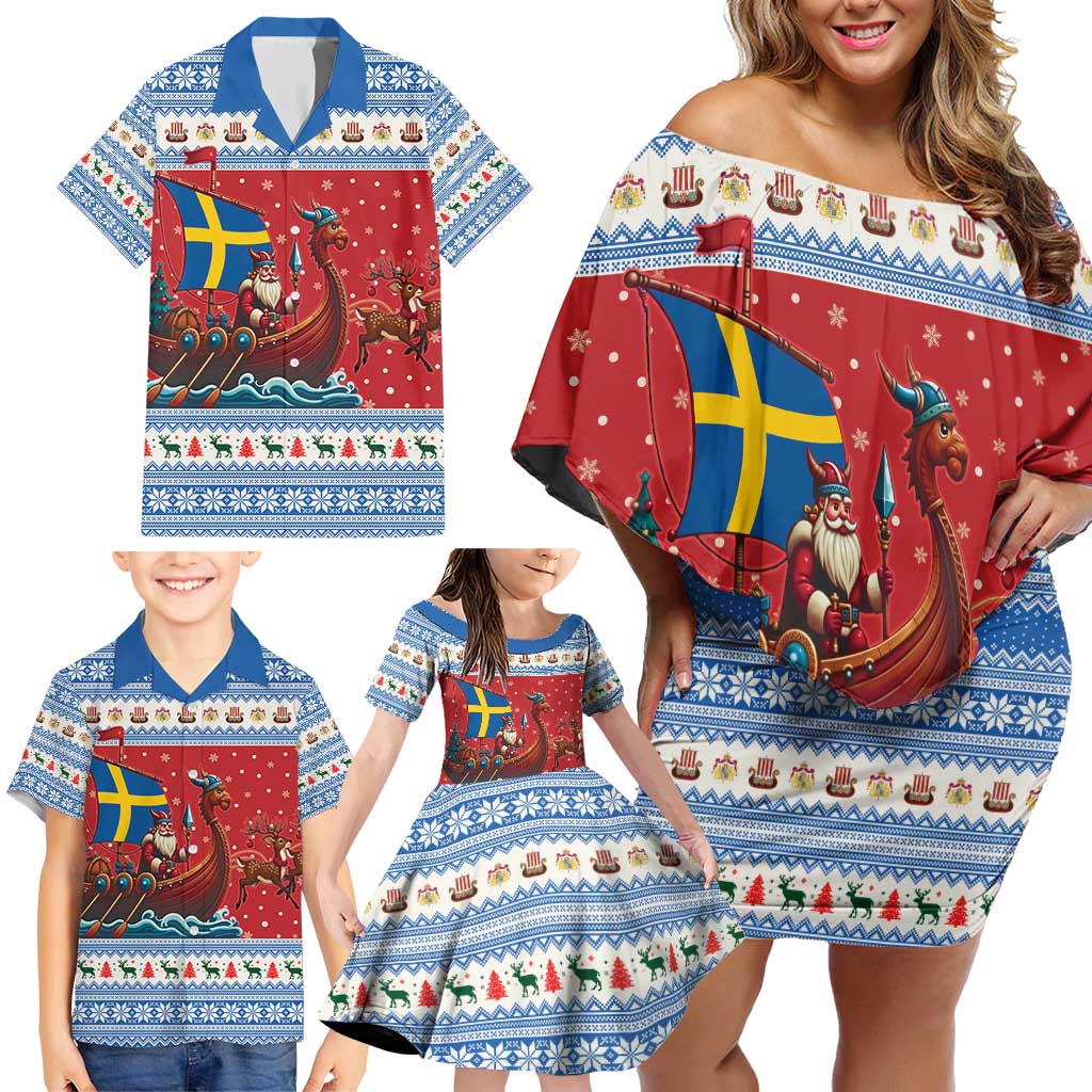 Sweden Viking Santa Christmas Family Matching Off Shoulder Short Dress and Hawaiian Shirt Funny Reindeer Norse Xmas - Wonder Print Shop