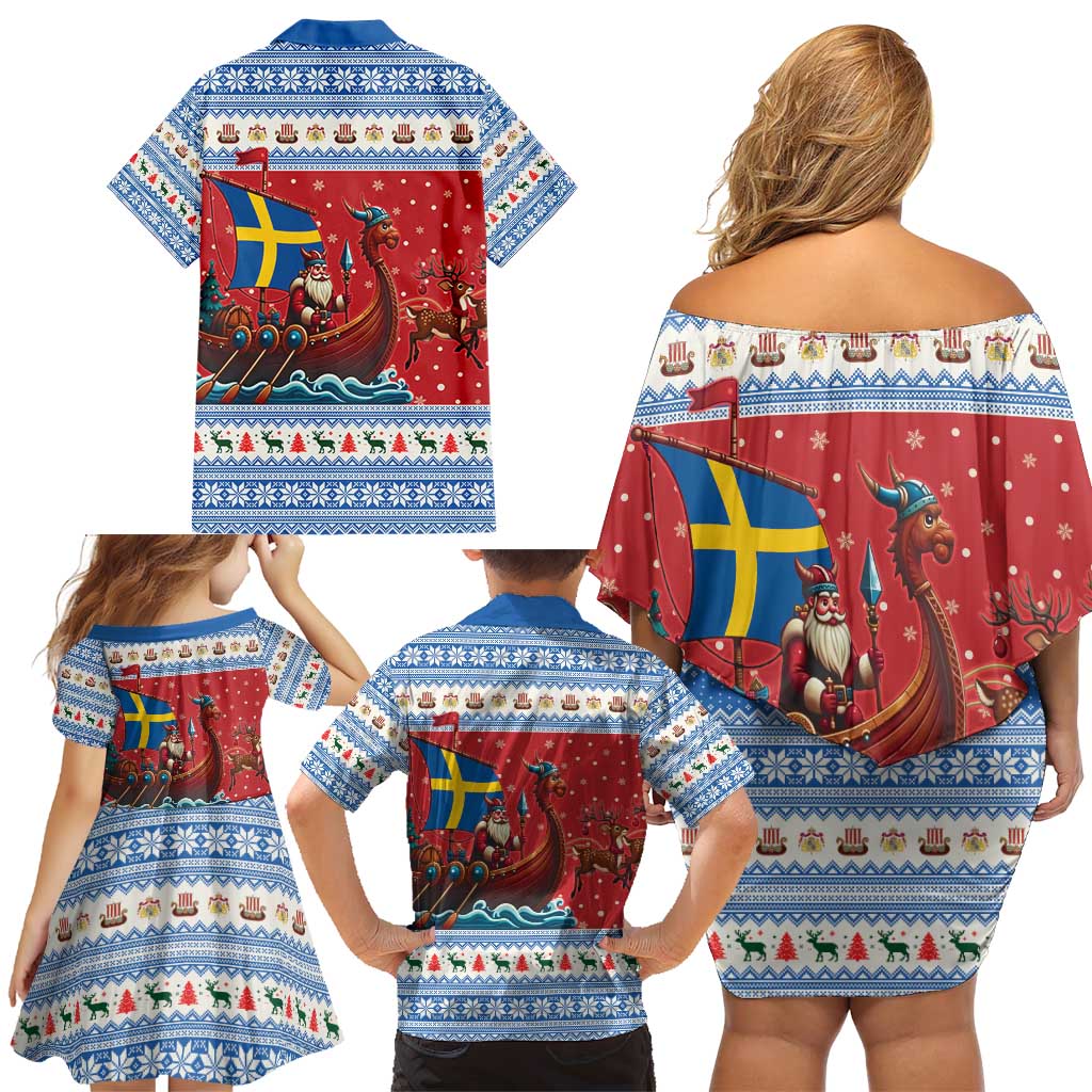 Sweden Viking Santa Christmas Family Matching Off Shoulder Short Dress and Hawaiian Shirt Funny Reindeer Norse Xmas - Wonder Print Shop