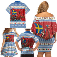Sweden Viking Santa Christmas Family Matching Off Shoulder Short Dress and Hawaiian Shirt Funny Reindeer Norse Xmas - Wonder Print Shop