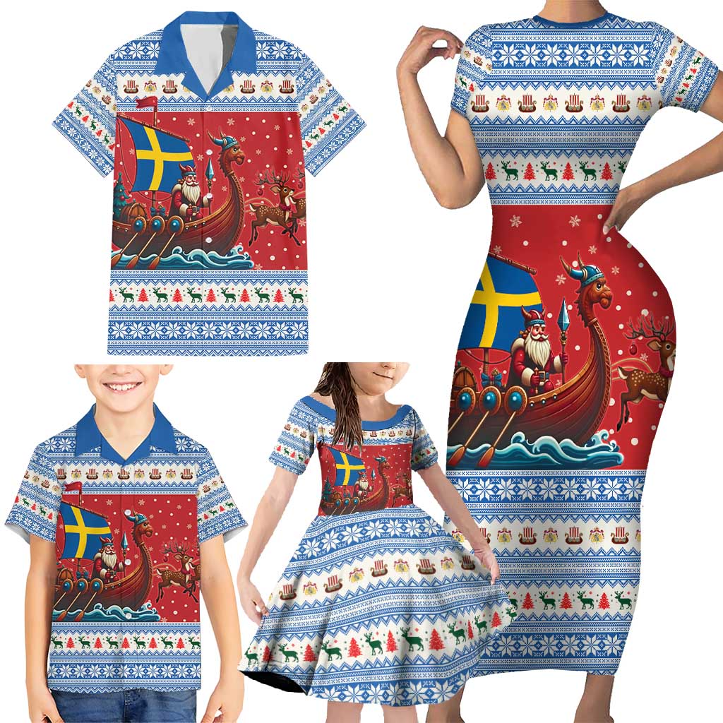 Sweden Viking Santa Christmas Family Matching Short Sleeve Bodycon Dress and Hawaiian Shirt Funny Reindeer Norse Xmas - Wonder Print Shop