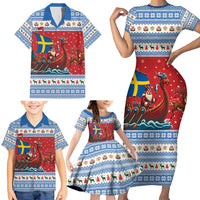 Sweden Viking Santa Christmas Family Matching Short Sleeve Bodycon Dress and Hawaiian Shirt Funny Reindeer Norse Xmas - Wonder Print Shop