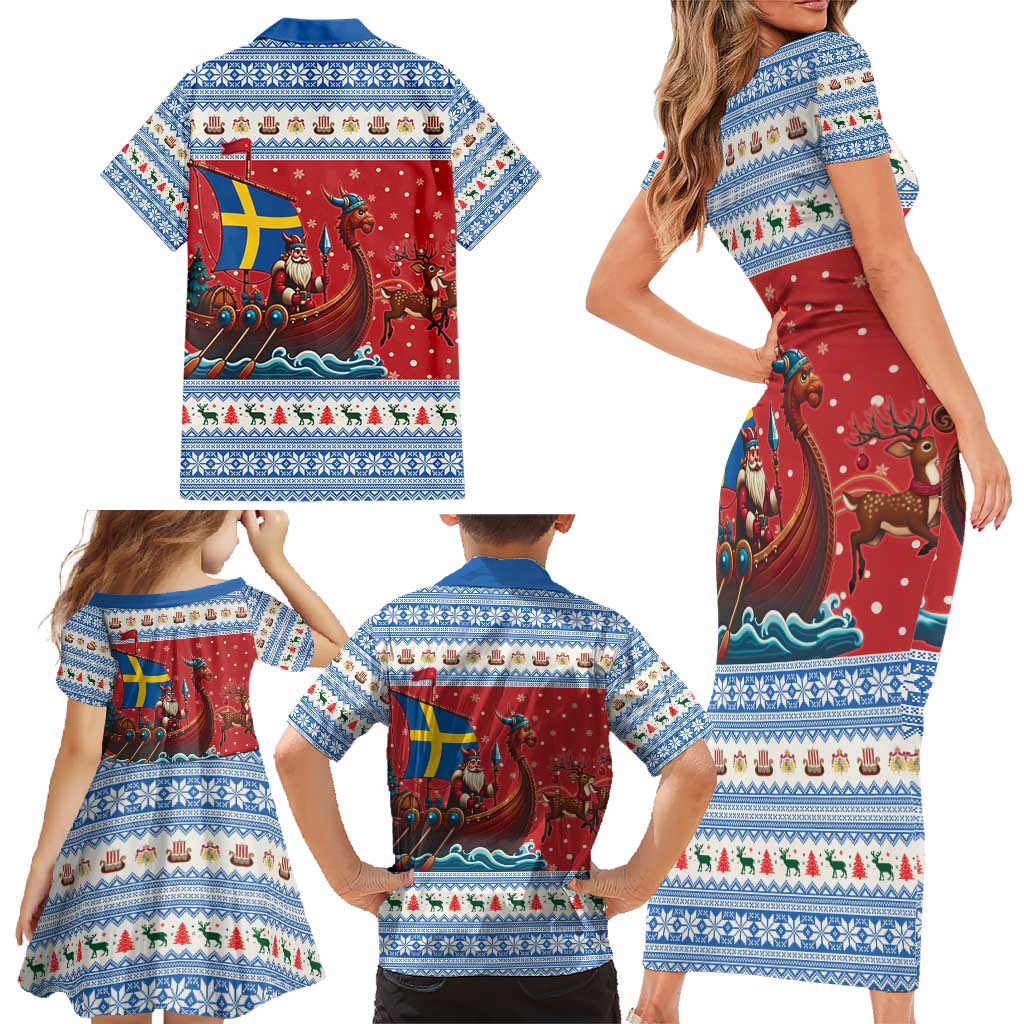 Sweden Viking Santa Christmas Family Matching Short Sleeve Bodycon Dress and Hawaiian Shirt Funny Reindeer Norse Xmas - Wonder Print Shop