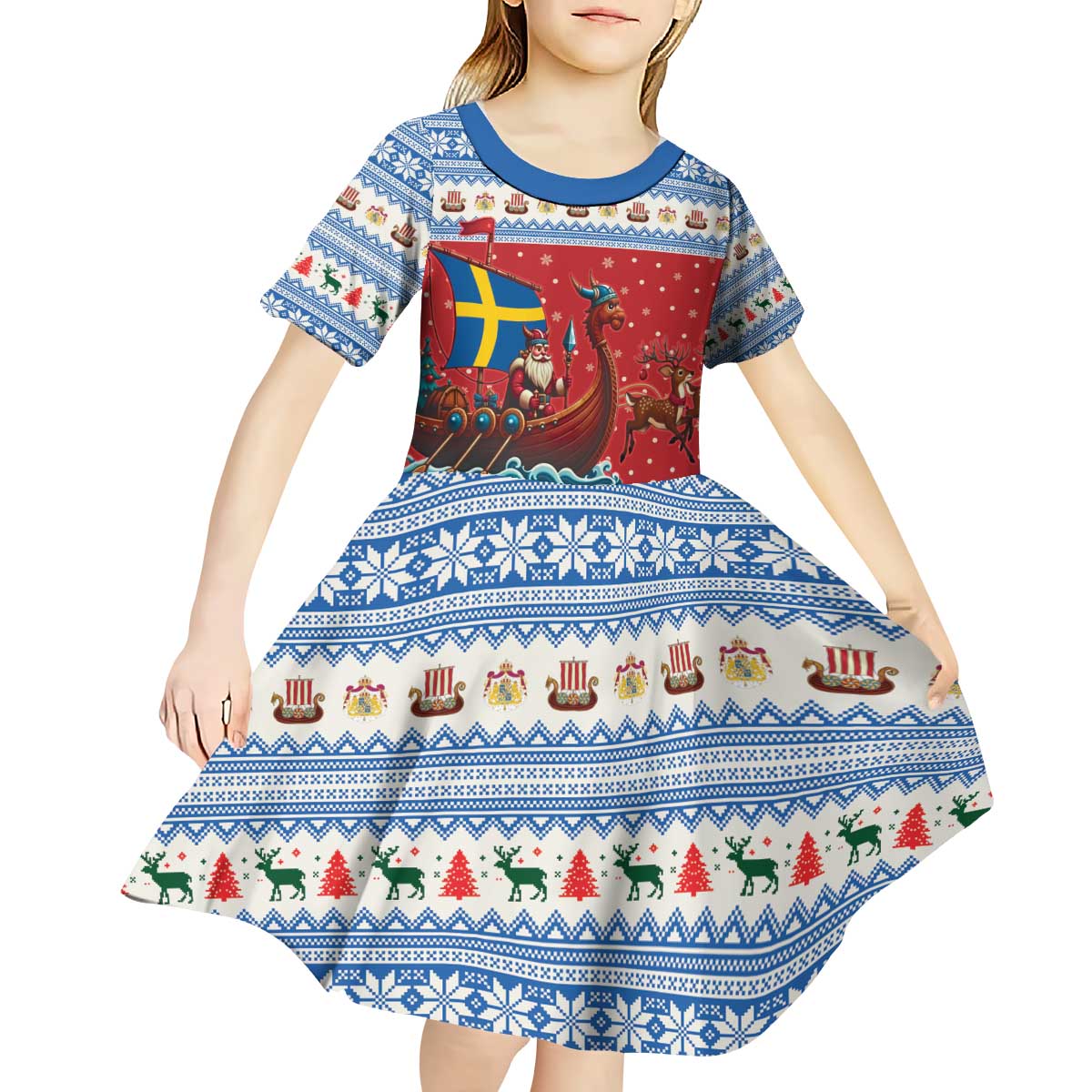 Sweden Viking Santa Christmas Kid Short Sleeve Dress Funny Reindeer Norse Xmas - Wonder Print Shop