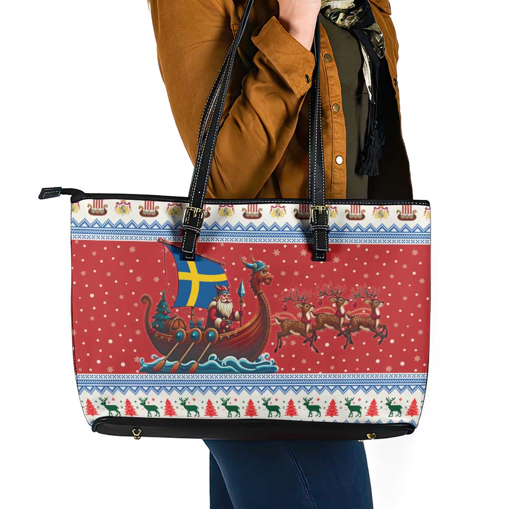 Sweden Viking Santa Christmas Leather Tote Bag Funny Reindeer Norse Xmas - Wonder Print Shop