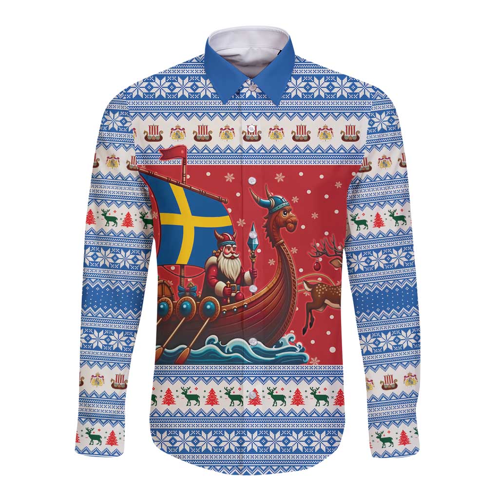 Sweden Viking Santa Christmas Long Sleeve Button Shirt Funny Reindeer Norse Xmas - Wonder Print Shop