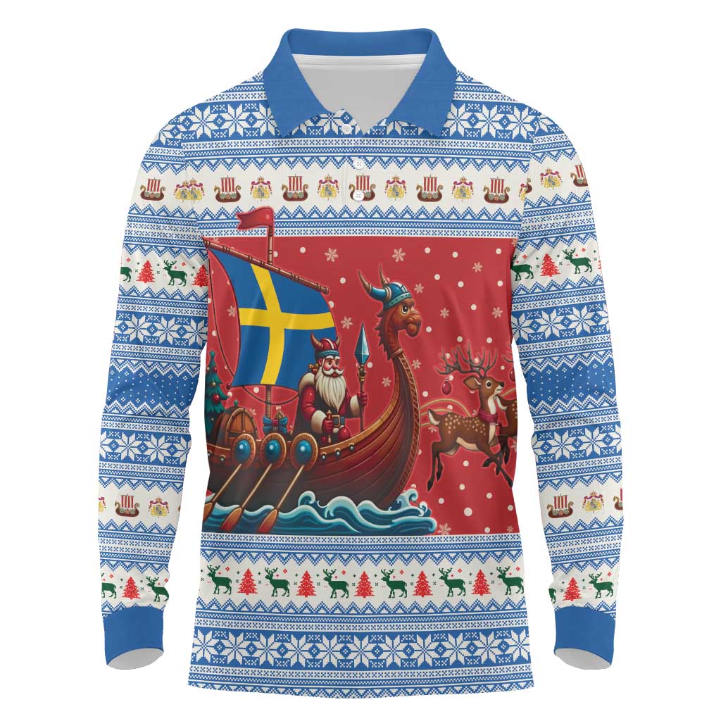 Sweden Viking Santa Christmas Long Sleeve Polo Shirt Funny Reindeer Norse Xmas - Wonder Print Shop