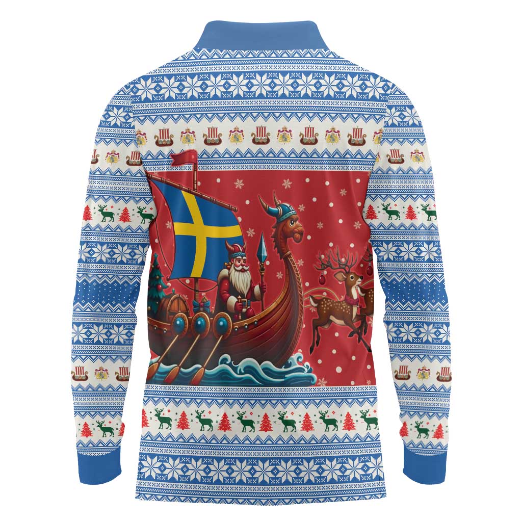 Sweden Viking Santa Christmas Long Sleeve Polo Shirt Funny Reindeer Norse Xmas - Wonder Print Shop
