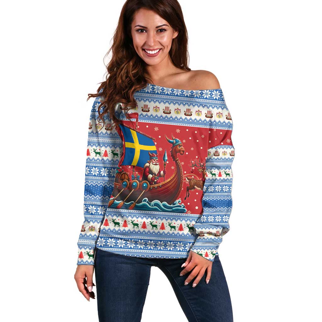 Sweden Viking Santa Christmas Off Shoulder Sweater Funny Reindeer Norse Xmas - Wonder Print Shop