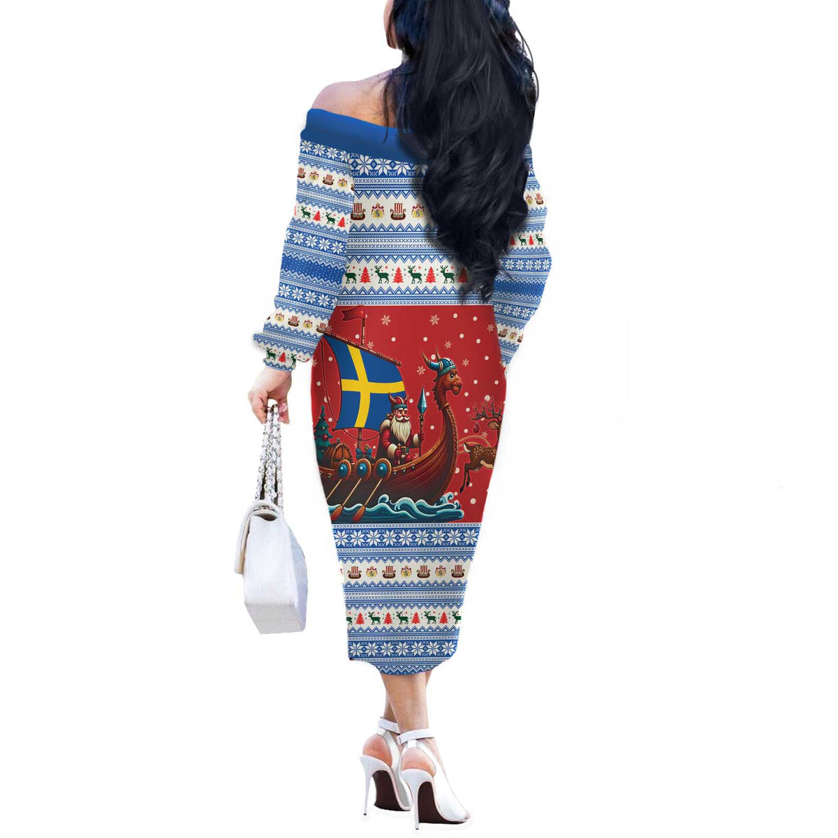 Sweden Viking Santa Christmas Off The Shoulder Long Sleeve Dress Funny Reindeer Norse Xmas - Wonder Print Shop