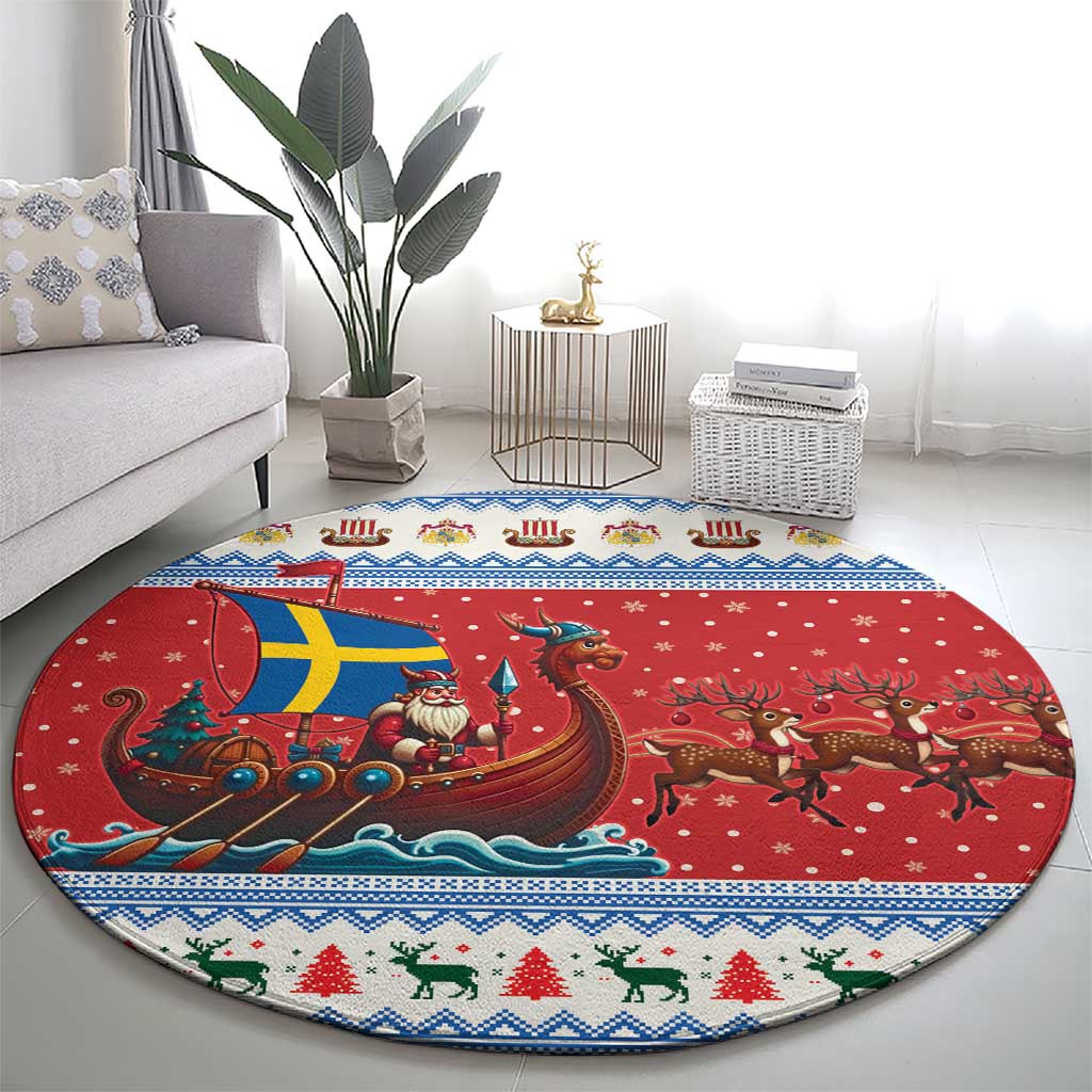 Sweden Viking Santa Christmas Round Carpet Funny Reindeer Norse Xmas - Wonder Print Shop