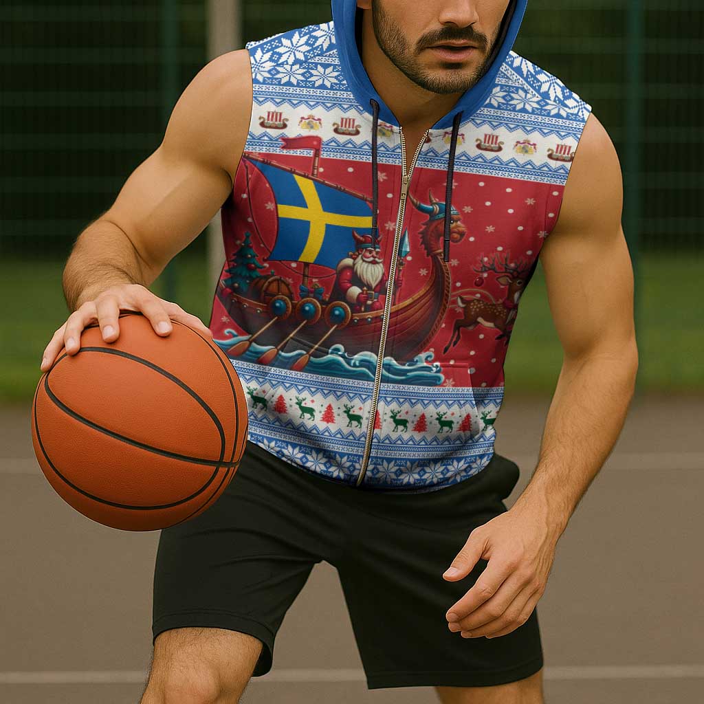 Sweden Viking Santa Christmas Sleeveless Zip Hoodie Funny Reindeer Norse Xmas - Wonder Print Shop