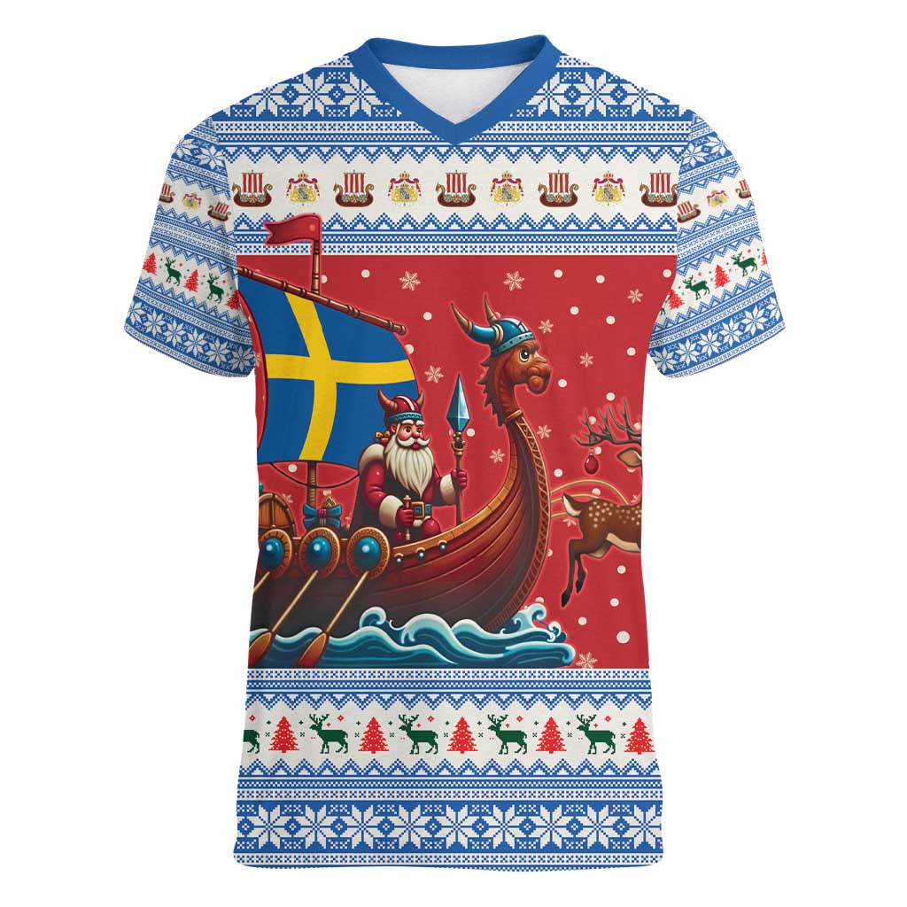 Sweden Viking Santa Christmas Women V-Neck T-Shirt Funny Reindeer Norse Xmas - Wonder Print Shop