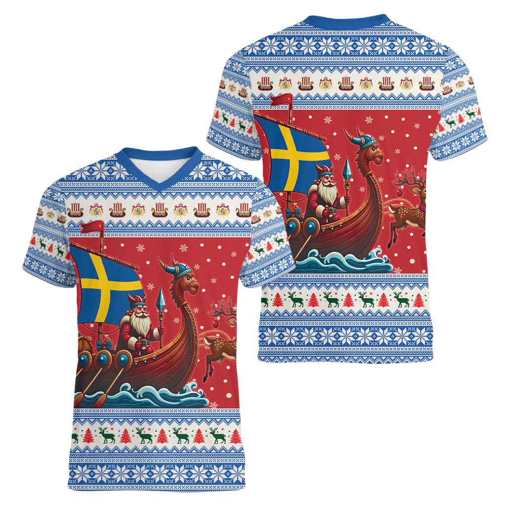 Sweden Viking Santa Christmas Women V-Neck T-Shirt Funny Reindeer Norse Xmas - Wonder Print Shop