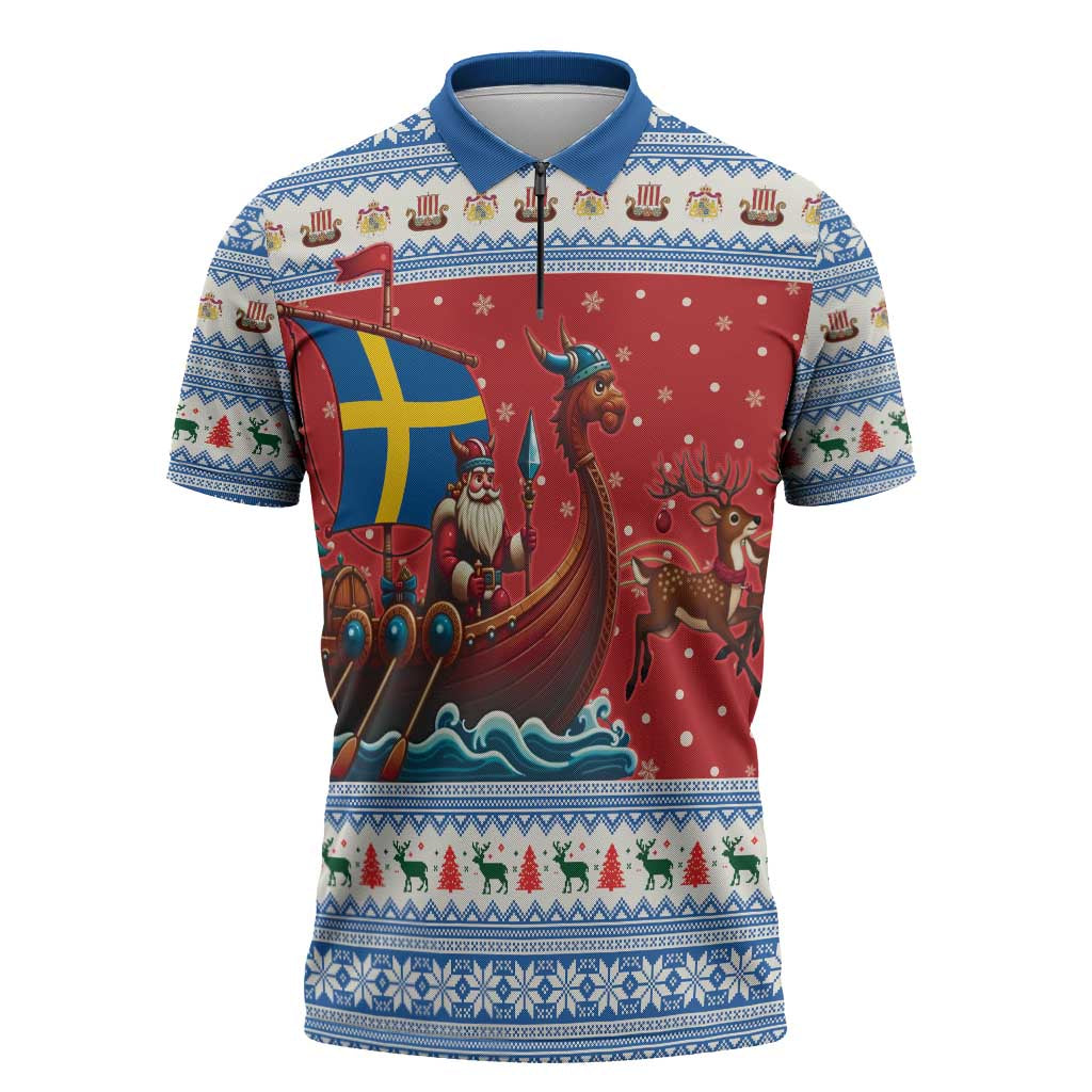 Sweden Viking Santa Christmas Zipper Polo Shirt Funny Reindeer Norse Xmas - Wonder Print Shop