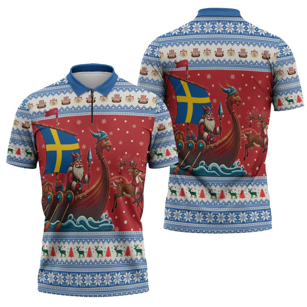 Sweden Viking Santa Christmas Zipper Polo Shirt Funny Reindeer Norse Xmas - Wonder Print Shop