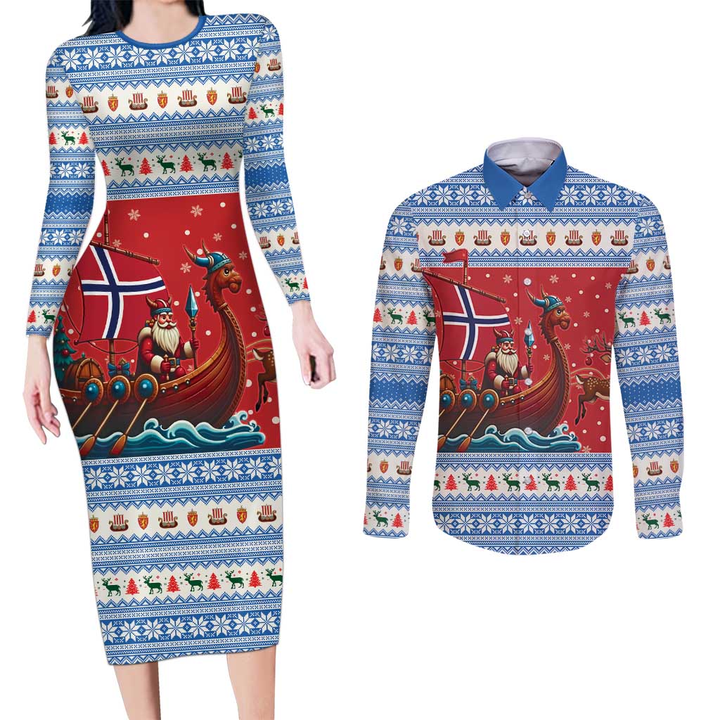 Norway Viking Santa Christmas Couples Matching Long Sleeve Bodycon Dress and Long Sleeve Button Shirt Funny Reindeer Norse Xmas - Wonder Print Shop