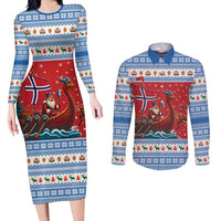 Norway Viking Santa Christmas Couples Matching Long Sleeve Bodycon Dress and Long Sleeve Button Shirt Funny Reindeer Norse Xmas - Wonder Print Shop