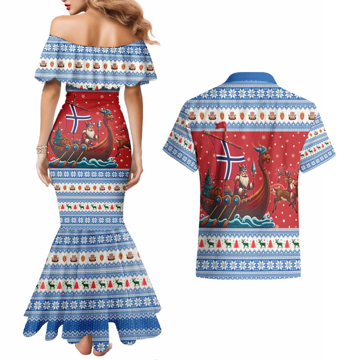 Norway Viking Santa Christmas Couples Matching Mermaid Dress and Hawaiian Shirt Funny Reindeer Norse Xmas - Wonder Print Shop