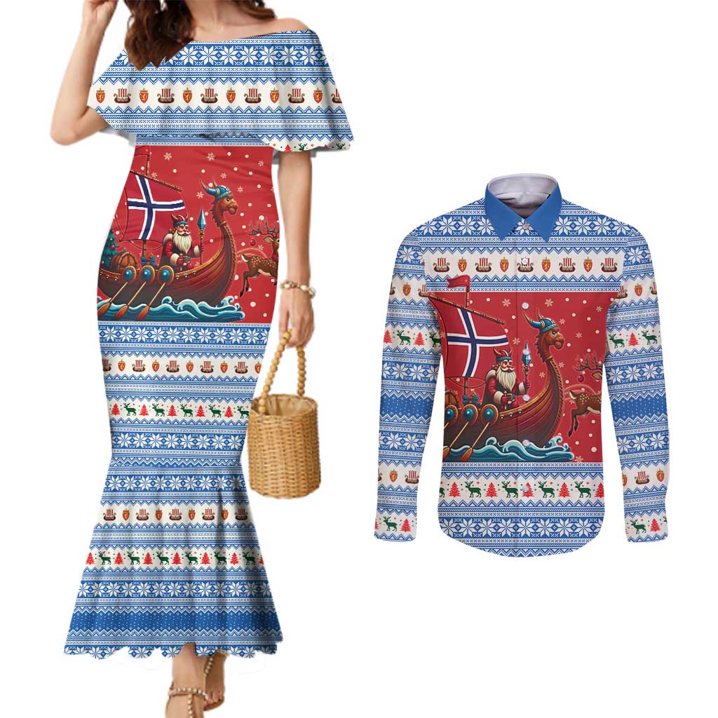 Norway Viking Santa Christmas Couples Matching Mermaid Dress and Long Sleeve Button Shirt Funny Reindeer Norse Xmas - Wonder Print Shop