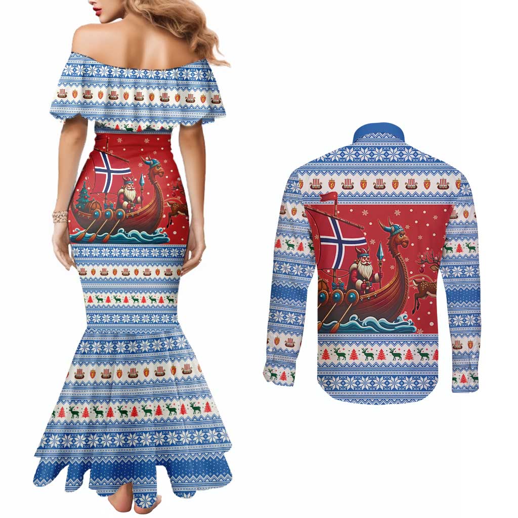 Norway Viking Santa Christmas Couples Matching Mermaid Dress and Long Sleeve Button Shirt Funny Reindeer Norse Xmas - Wonder Print Shop