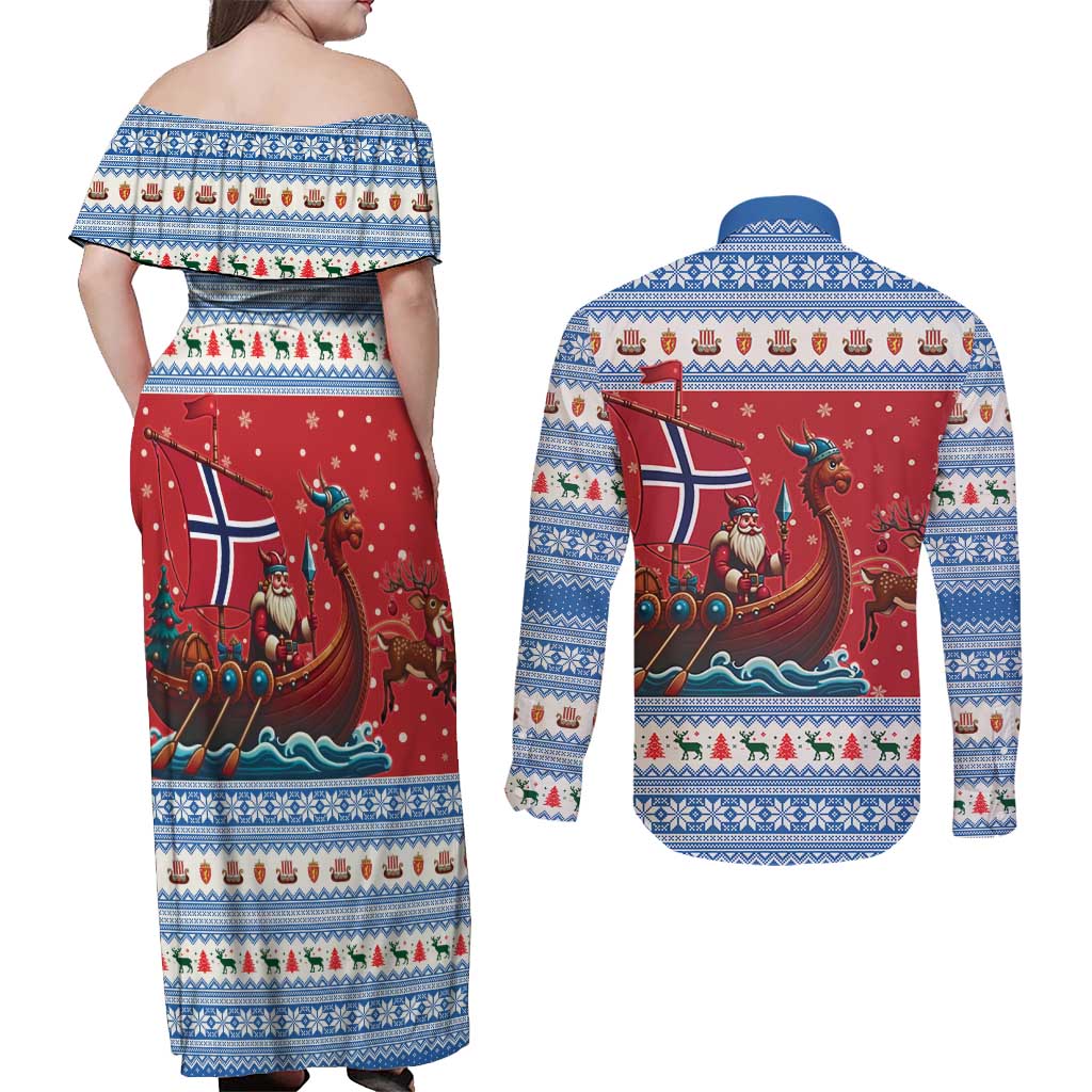 Norway Viking Santa Christmas Couples Matching Off Shoulder Maxi Dress and Long Sleeve Button Shirt Funny Reindeer Norse Xmas - Wonder Print Shop