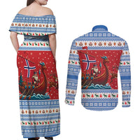 Norway Viking Santa Christmas Couples Matching Off Shoulder Maxi Dress and Long Sleeve Button Shirt Funny Reindeer Norse Xmas - Wonder Print Shop