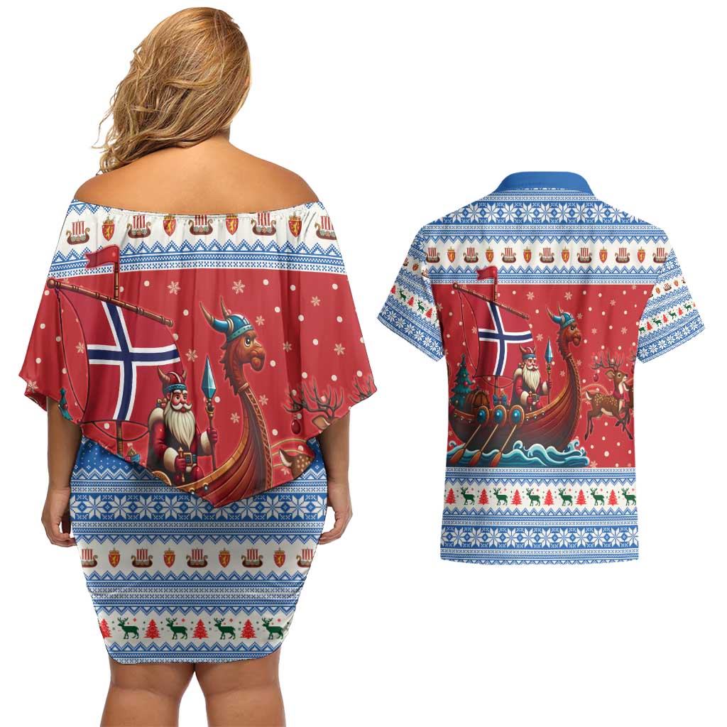 Norway Viking Santa Christmas Couples Matching Off Shoulder Short Dress and Hawaiian Shirt Funny Reindeer Norse Xmas - Wonder Print Shop