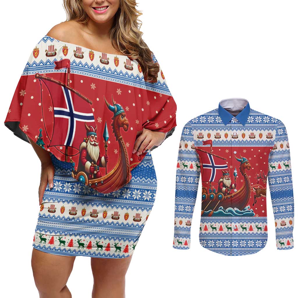 Norway Viking Santa Christmas Couples Matching Off Shoulder Short Dress and Long Sleeve Button Shirt Funny Reindeer Norse Xmas - Wonder Print Shop