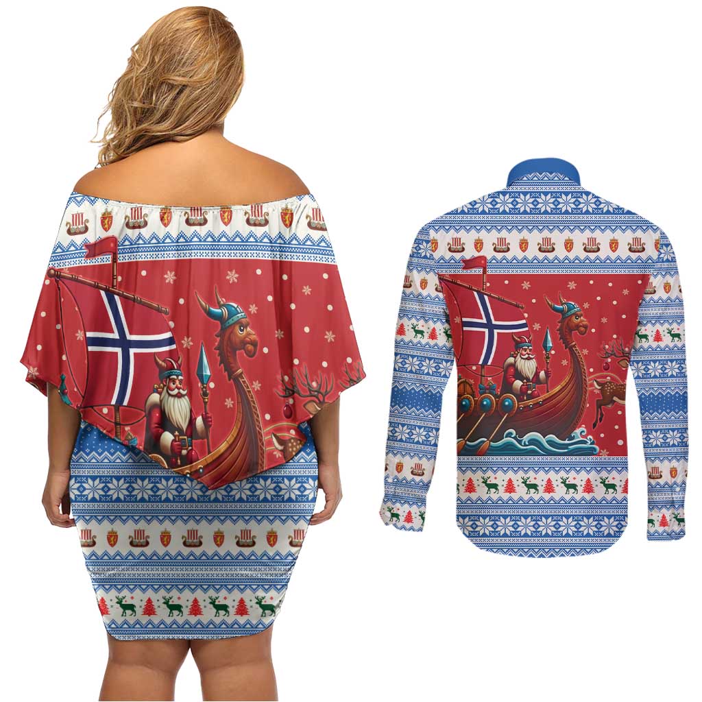 Norway Viking Santa Christmas Couples Matching Off Shoulder Short Dress and Long Sleeve Button Shirt Funny Reindeer Norse Xmas - Wonder Print Shop
