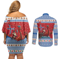 Norway Viking Santa Christmas Couples Matching Off Shoulder Short Dress and Long Sleeve Button Shirt Funny Reindeer Norse Xmas - Wonder Print Shop