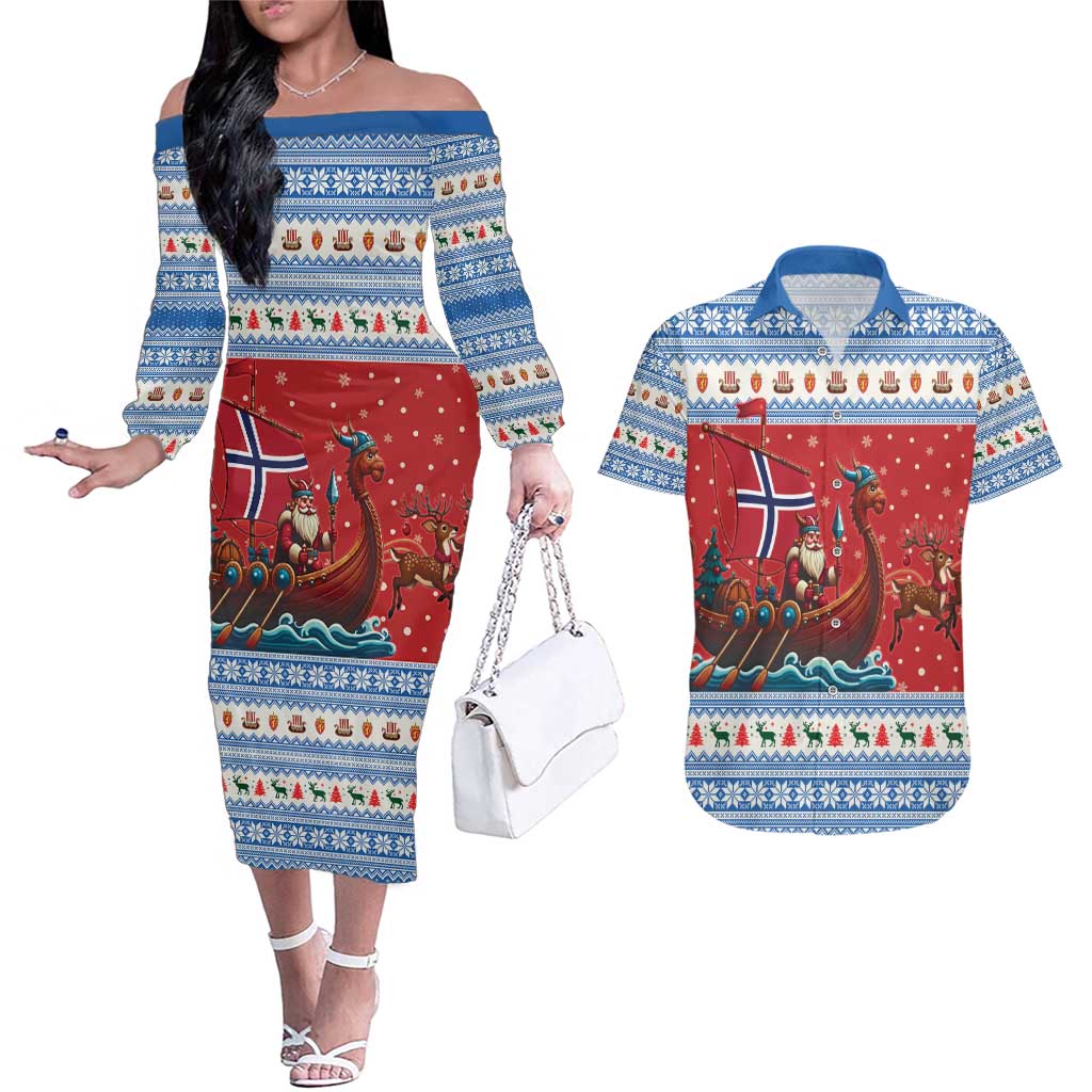 Norway Viking Santa Christmas Couples Matching Off The Shoulder Long Sleeve Dress and Hawaiian Shirt Funny Reindeer Norse Xmas - Wonder Print Shop